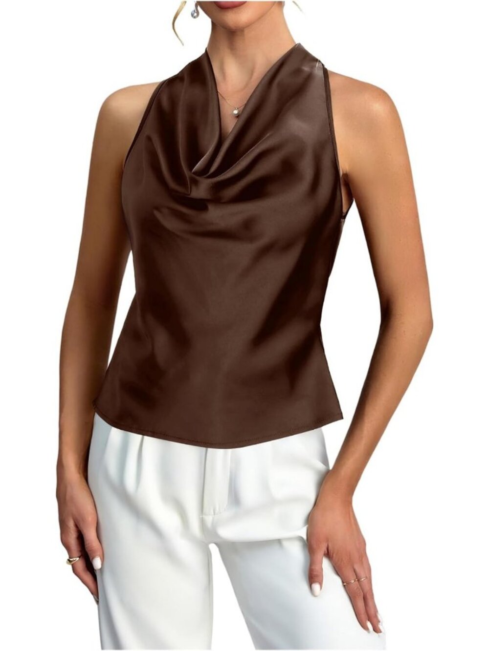 Elegant Satin Cowl Neck Halter Blouse - Sleeveless, Tie Back, Chic Style